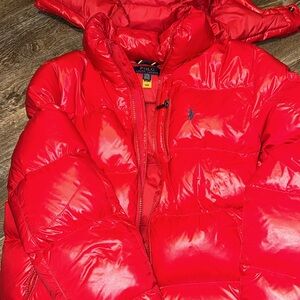 Nice red shinny puffer coat…. Exclusive item